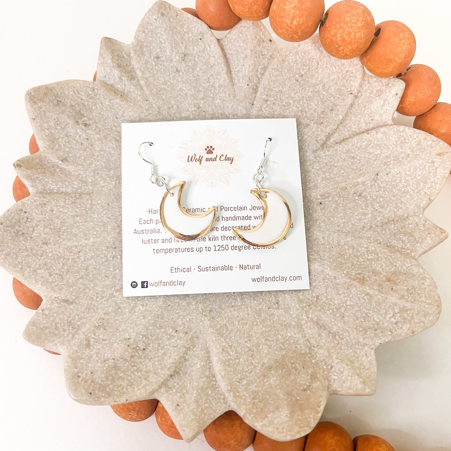 Moon Shaped Porcelain Earrings with Gold