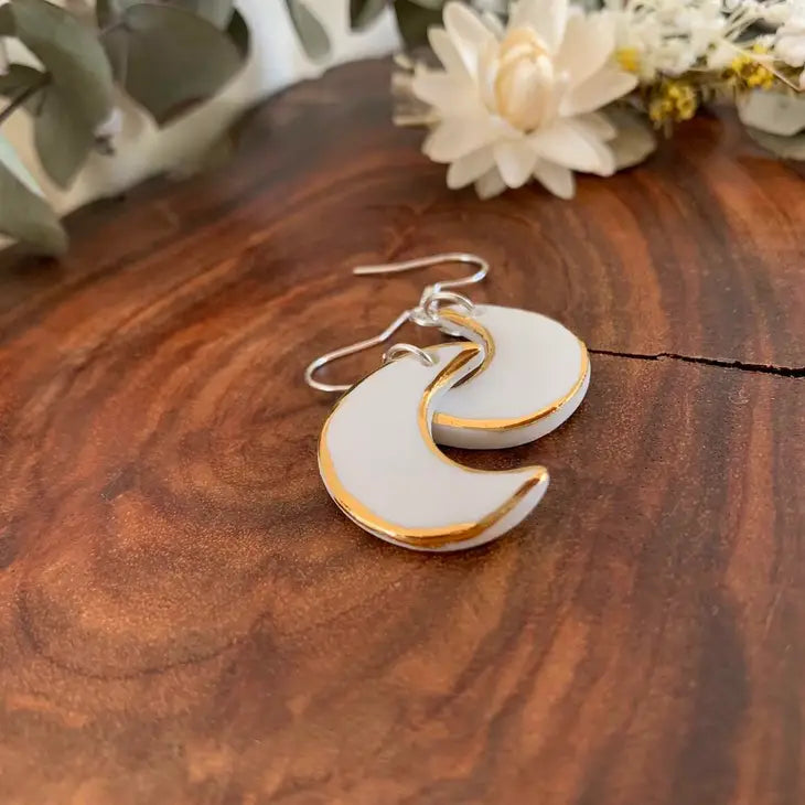 Moon Shaped Porcelain Earrings with Gold