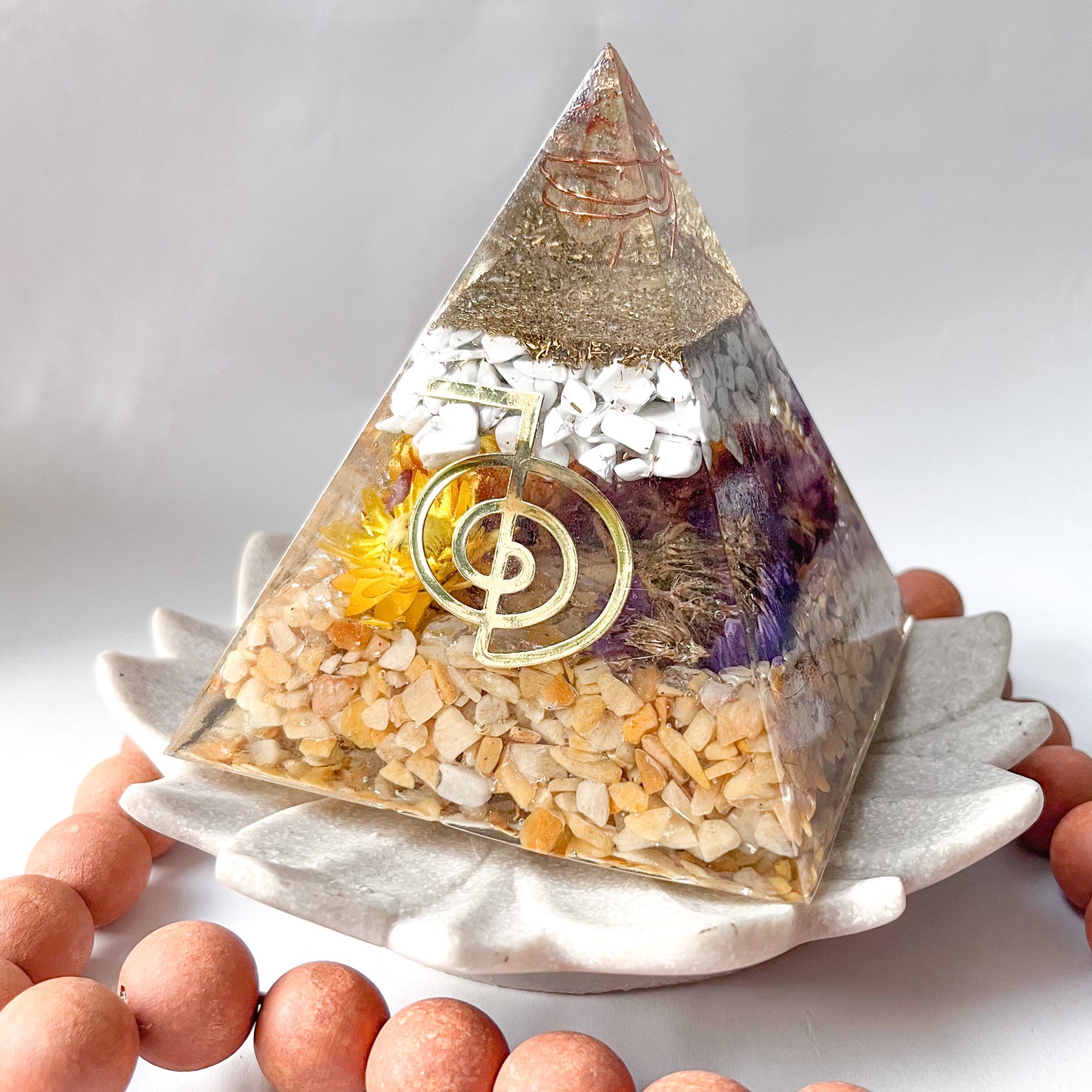 Medium Orgonite Pyramid 12cm in Height - Howlite & Yellow Aventurine Handmade