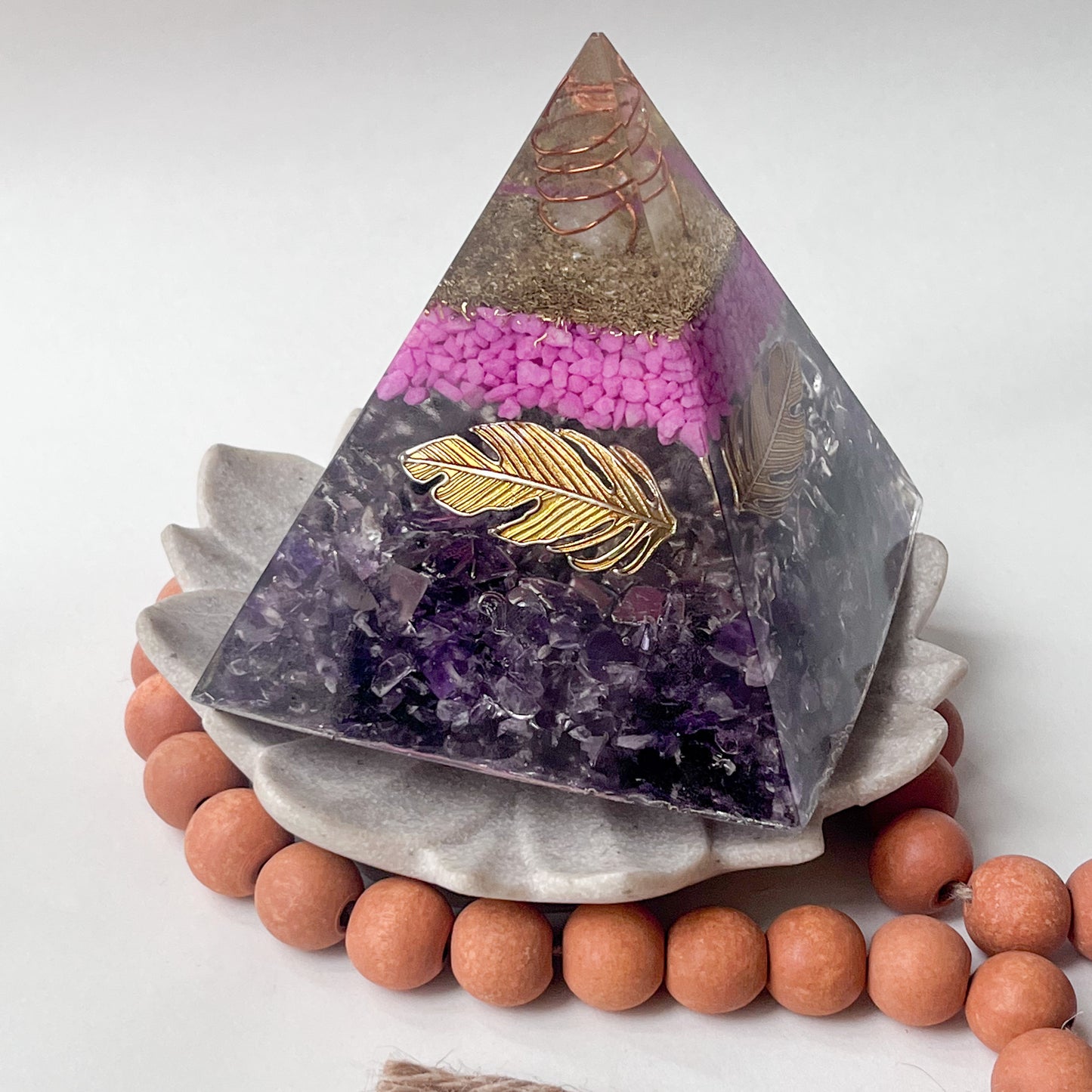 Medium Orgonite Pyramid 12cm Height - Amethyst - with leaf