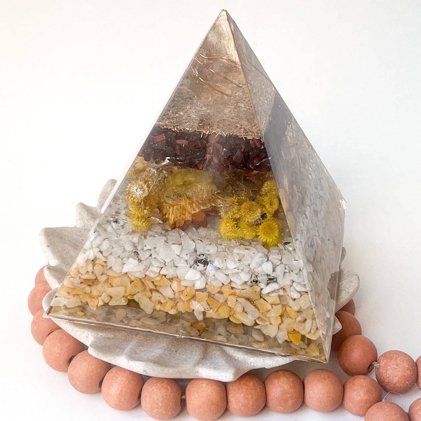 Medium Orgonite Pyramid 12cm in Height - Red Tigers Eye, Rainbow Moonstone & Yellow Aventurine