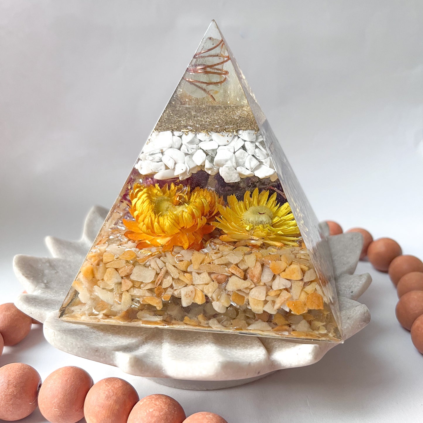 Medium Orgonite Pyramid 12cm in Height - Howlite & Yellow Aventurine Handmade