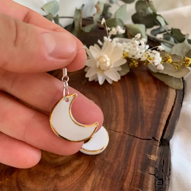 Moon Shaped Porcelain Earrings with Gold