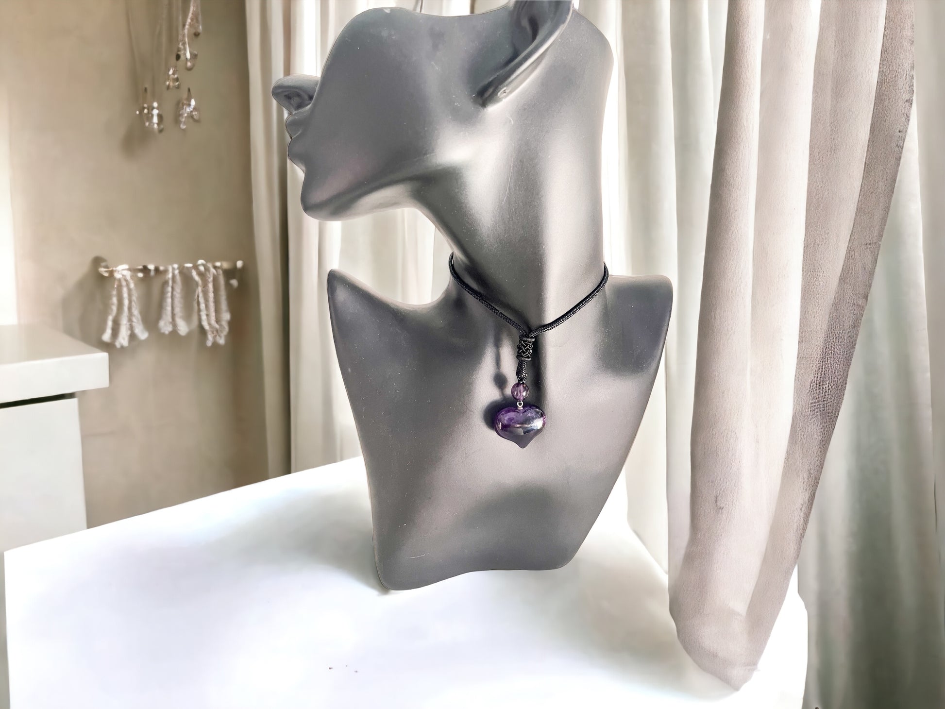 Crystal Jewellery - Amethyst Heart Drawstring Necklace 35mm