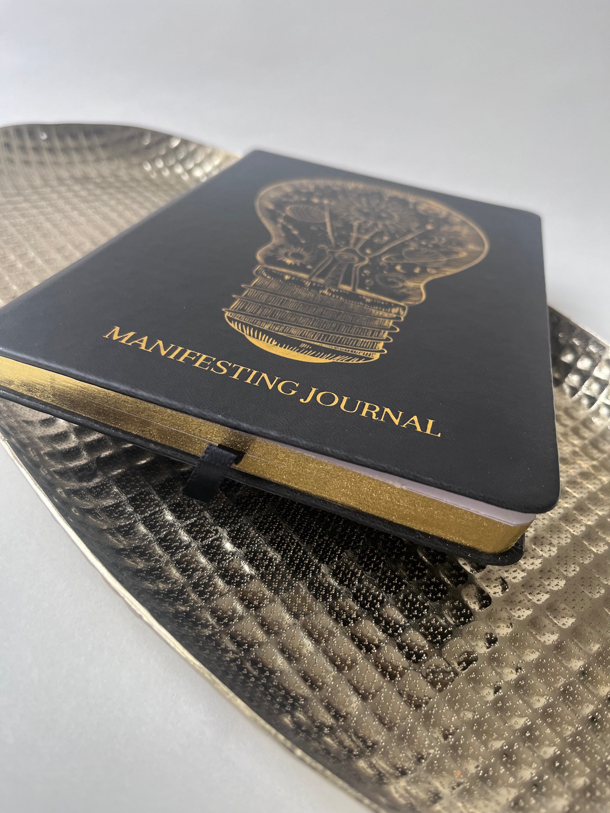 Leather Hardcover Manifesting Journal with image of lightbulb in gold foiling 