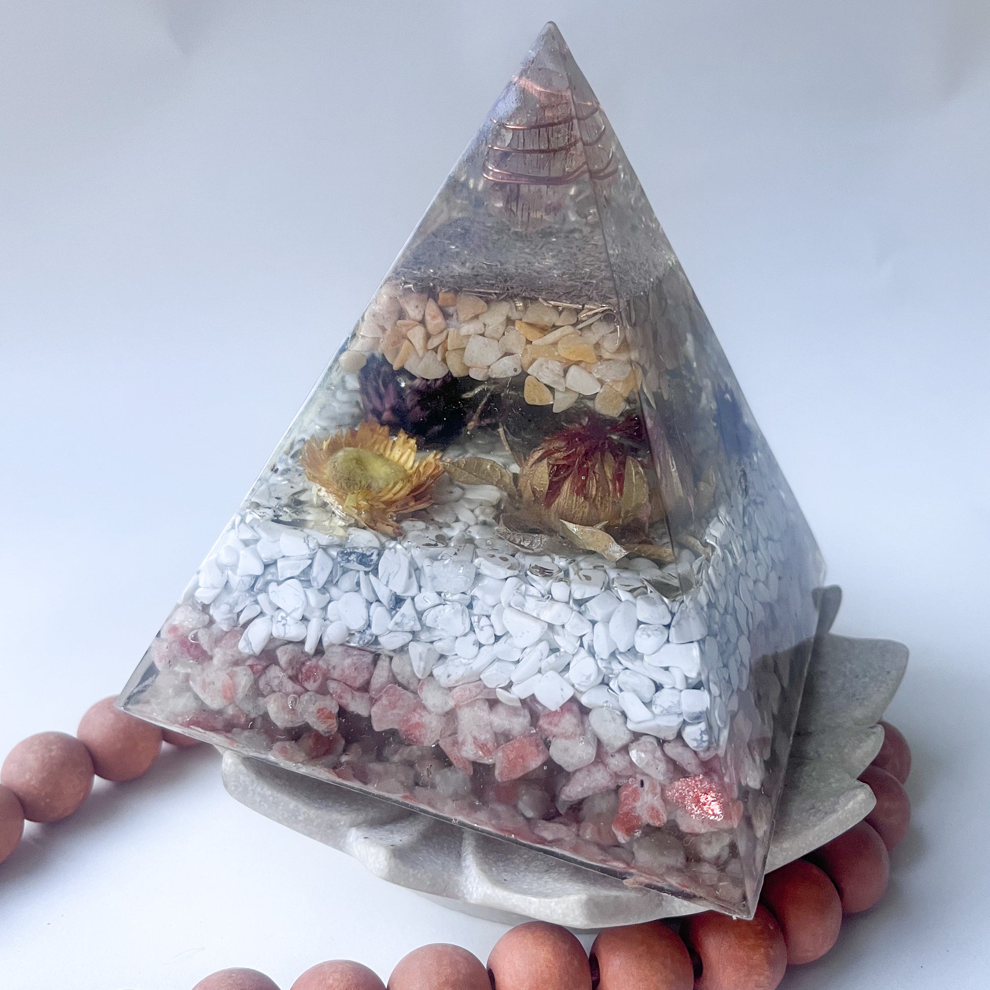 Medium Orgonite Pyramid 12cm in Height - Yellow Aventurine, Howlite & Sunstone Handmade