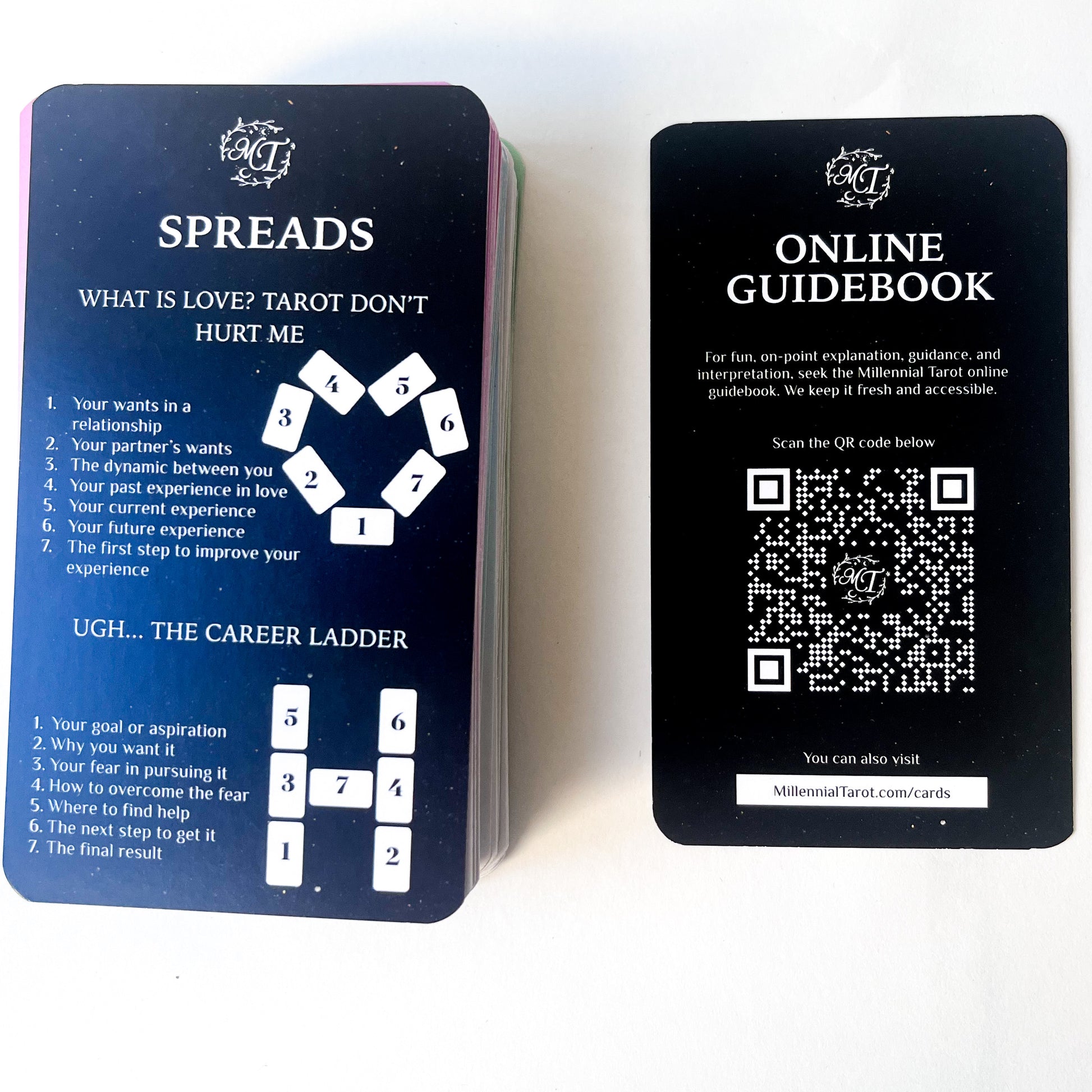 millennial tarot deck sample spreads and online guidebook QR code