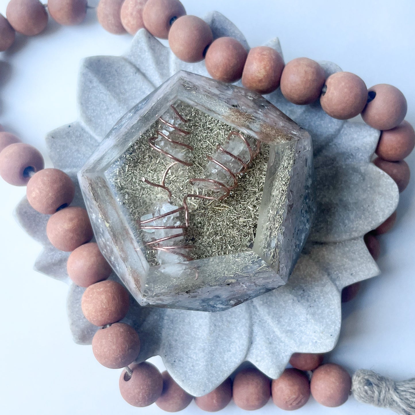 Polygon Orgonite Shape - Rose Quartz & Sunstone top view