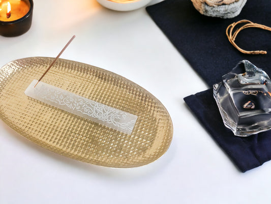 Polished Crystal Shape - Engraved (Tree Of Life) Selenite Incense Holder