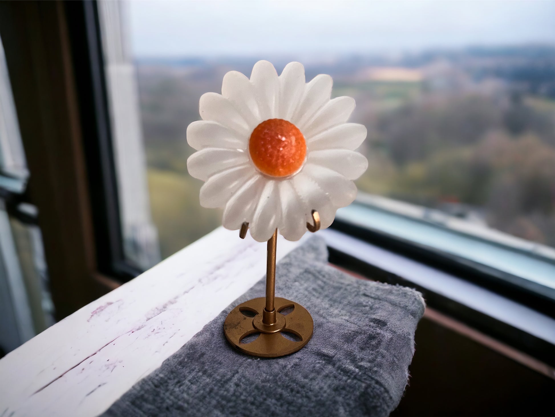 Selenite Daisy Flower Polished 6.5cm Diameter With Stand