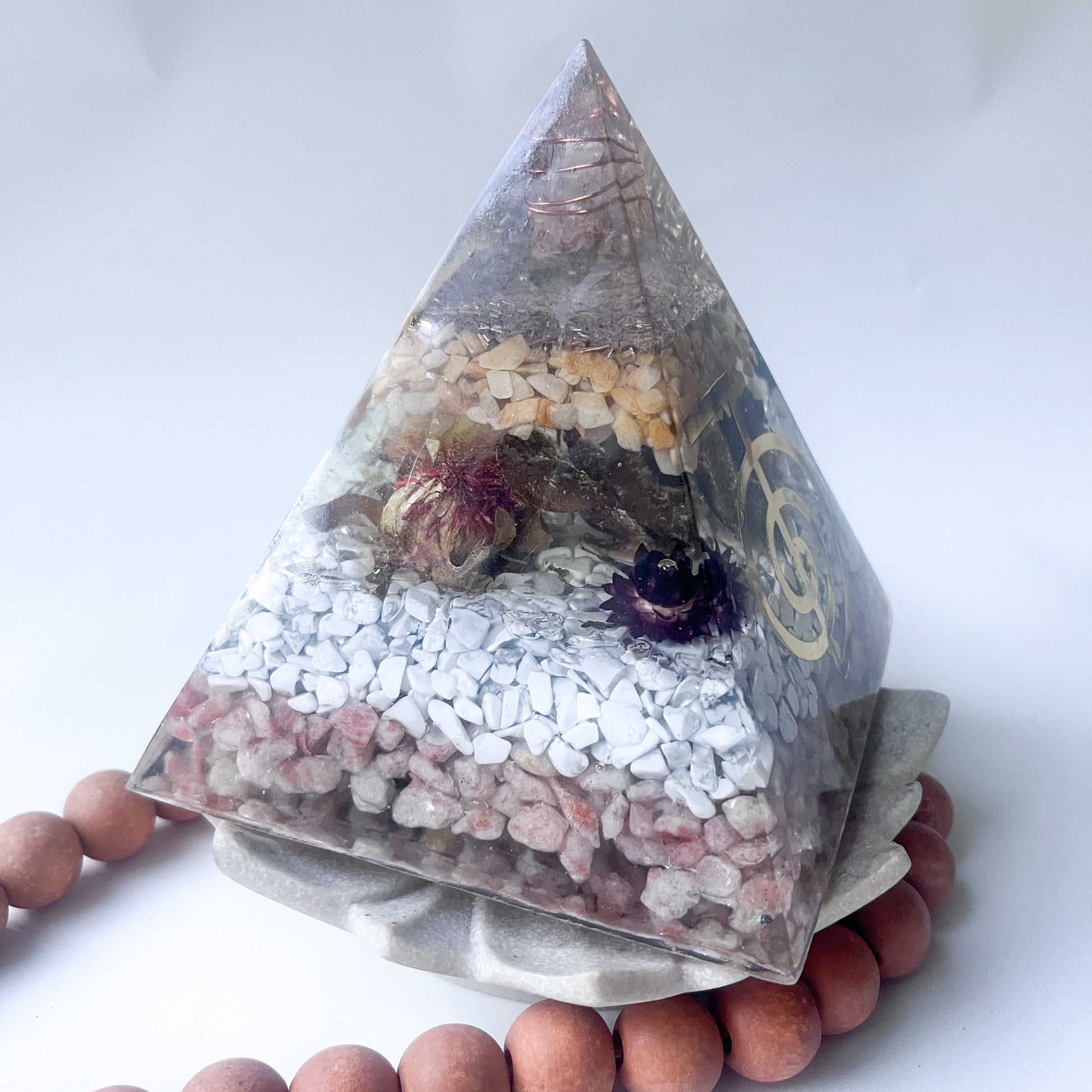 Medium Orgonite Pyramid 12cm in Height - Yellow Aventurine, Howlite & Sunstone Handmade