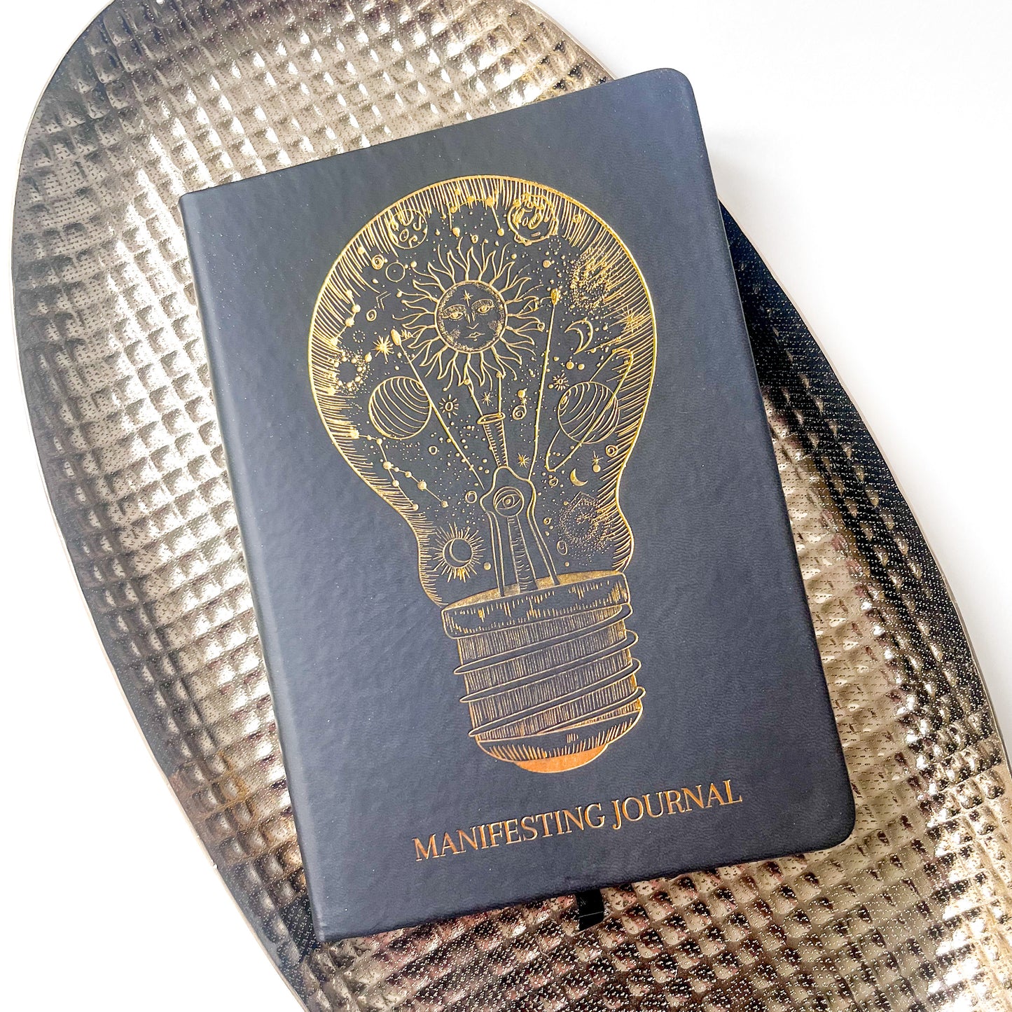 Leather Hardcover Manifesting Journal with image of lightbulb in gold foiling