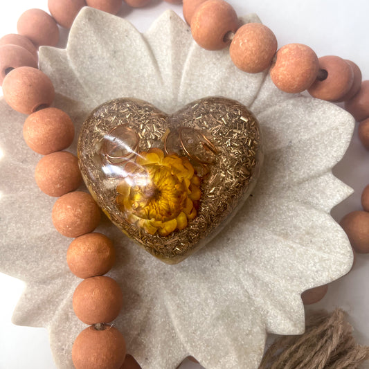 Puffy Orgonite Heart - Yellow Aventurine With Dried Flower 7.5cm Width