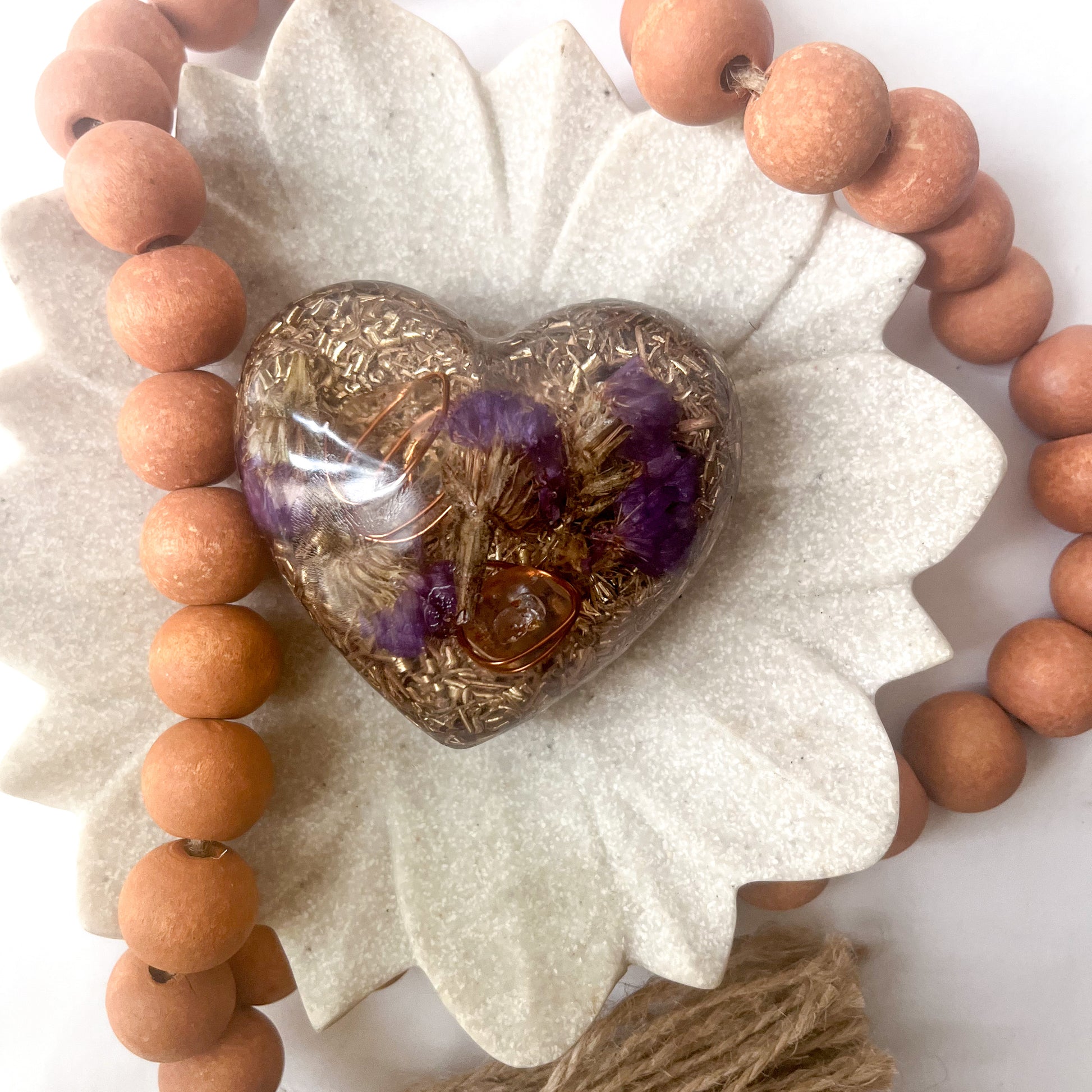 Puffy Orgonite Heart - Amethyst With Dried Purple Flower 7.5cm Width