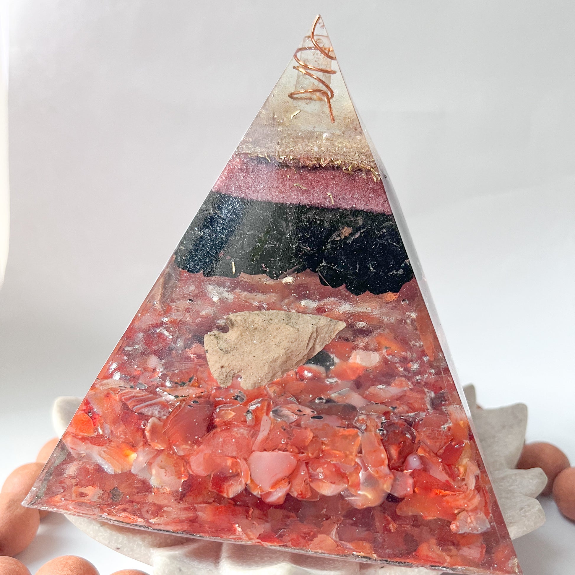 Medium Orgonite Pyramid 12cm in Height - Black Tourmaline , Carnelian & Garnet