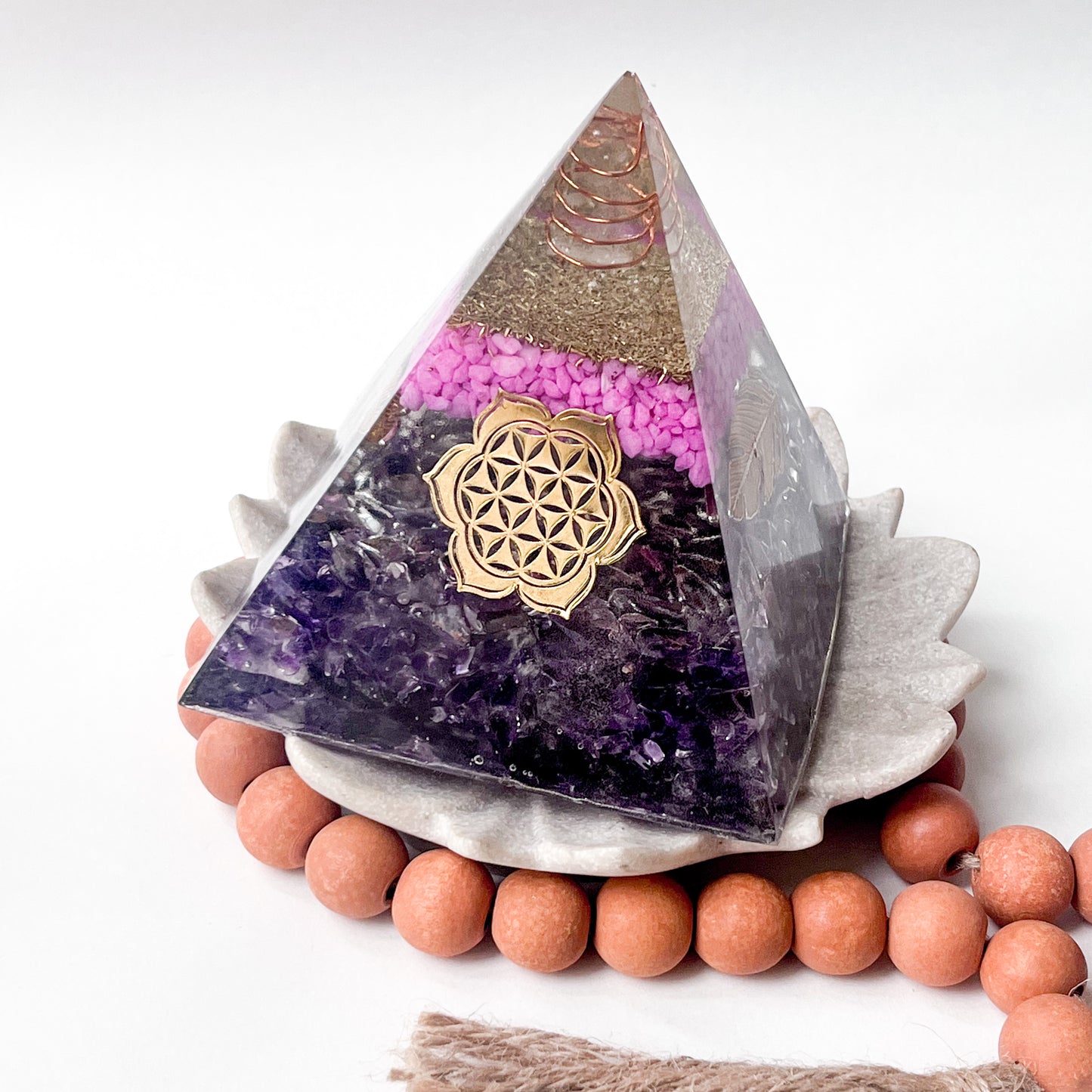 Medium Orgonite Pyramid 12cm Height - Amethyst - with metal sticker