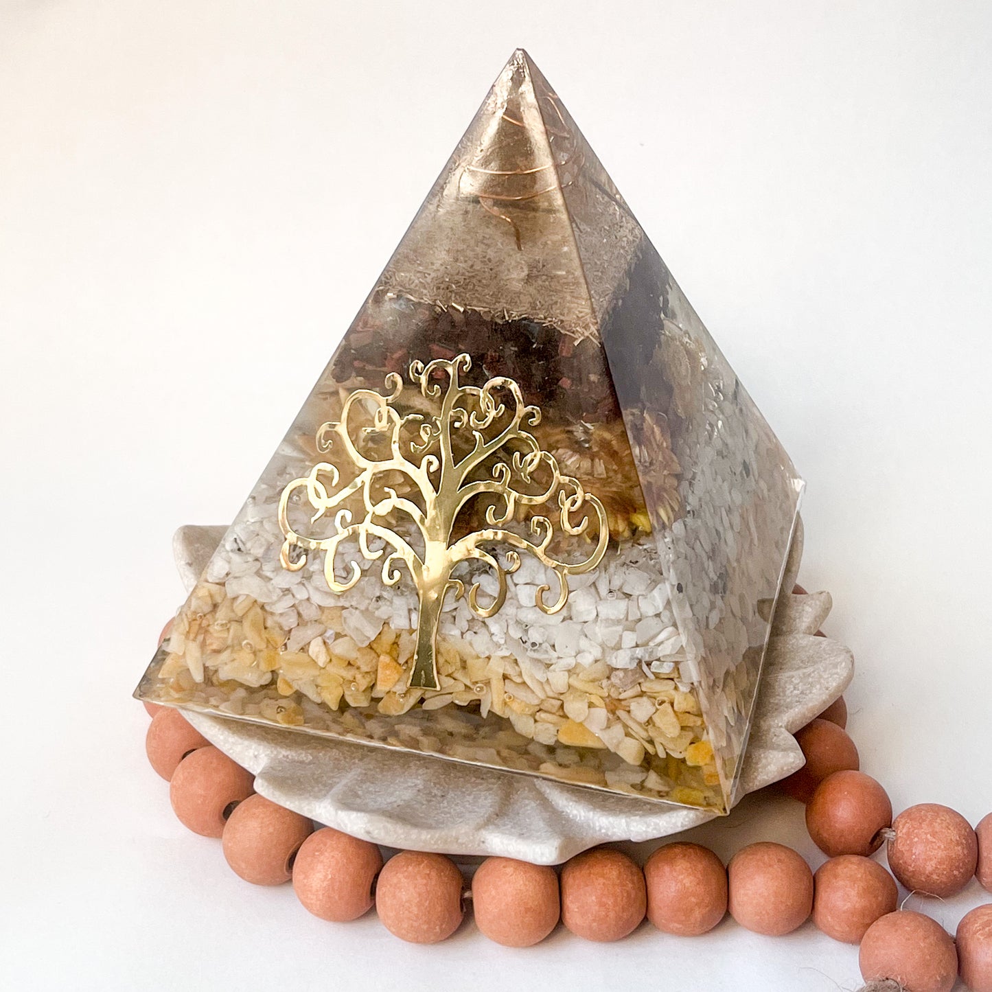 Unique orgonite pyramid with copper coil and crystal for amplifying your intentions