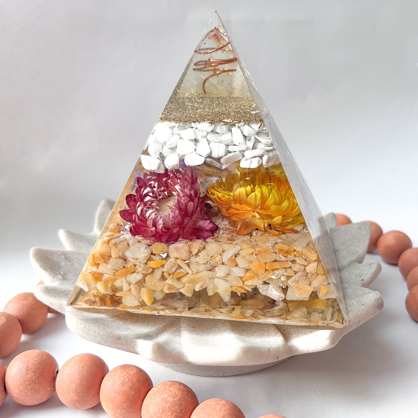 Medium Orgonite Pyramid 12cm in Height - Howlite & Yellow Aventurine Handmade