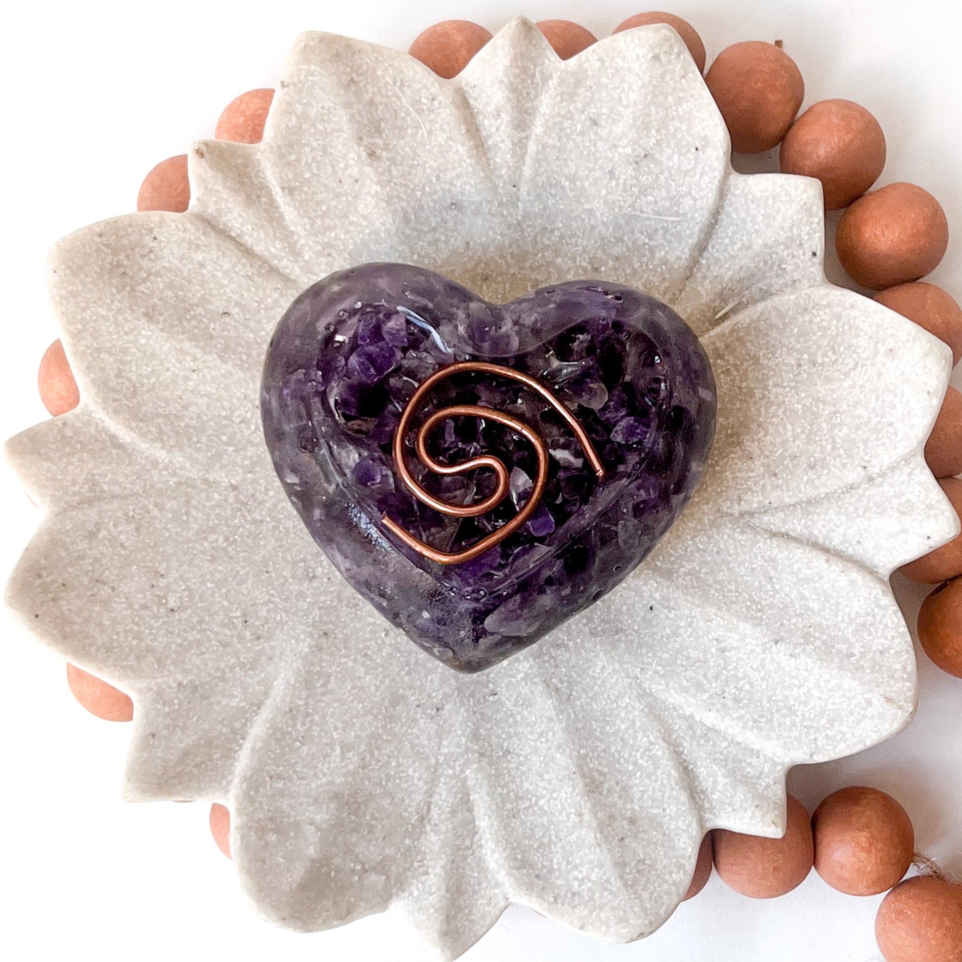 Puffy Orgonite Heart - Amethyst With White Flower 7.5cm Width