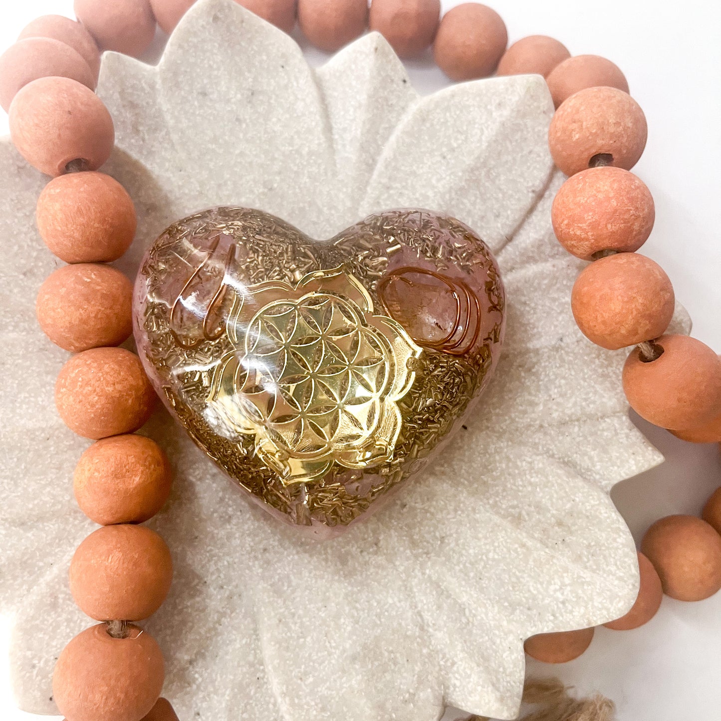 Puffy Orgonite Heart - Rose Quartz & Gold 7.5cm Width