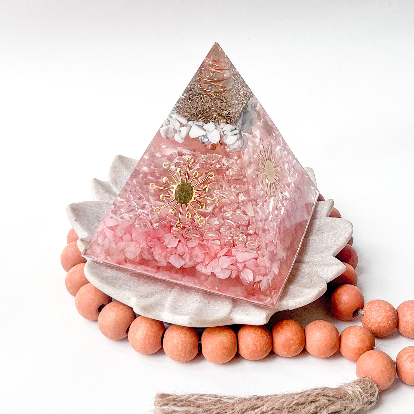 Unique orgonite pyramid with copper coil and crystal for amplifying your intentions