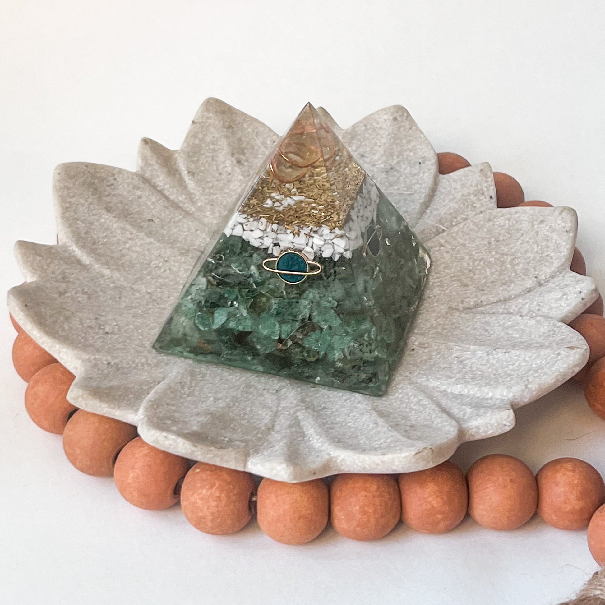 image of handmade Small Orgonite Pyramid 7.5cm in Height - Howlite & Moss Agate