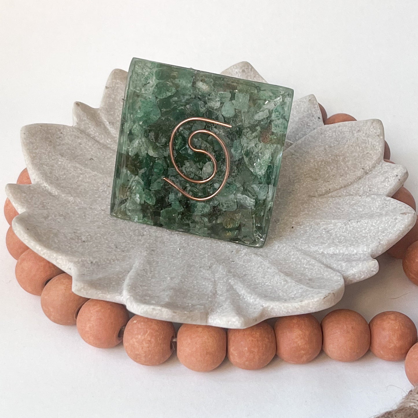 Small Orgonite Pyramid 7.5cm in Height - Jade & Moss Agate - bottom view