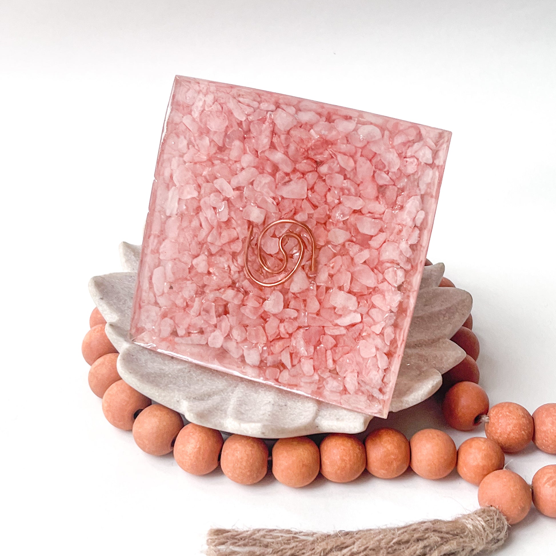 Unique orgonite pyramid with copper coil and crystal for amplifying your intentions - bottom view