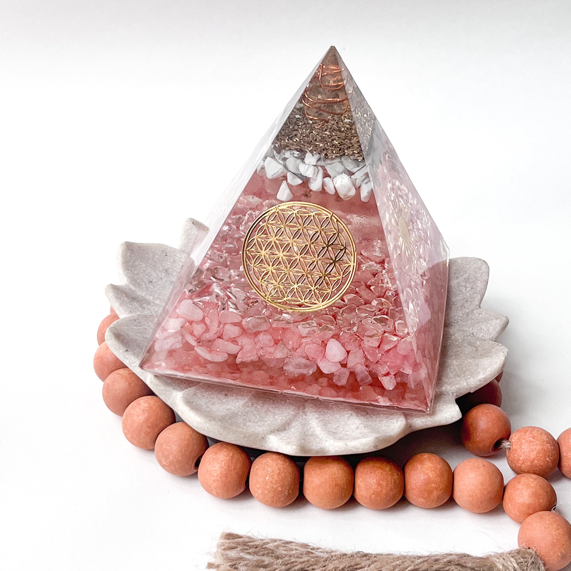 Unique orgonite pyramid with copper coil and crystal for amplifying your intentions rose quartz