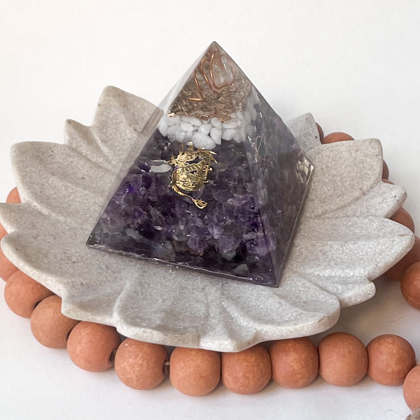 Small Orgonite Pyramid 7.5cm Height - Amethyst - with dragon metal sticker