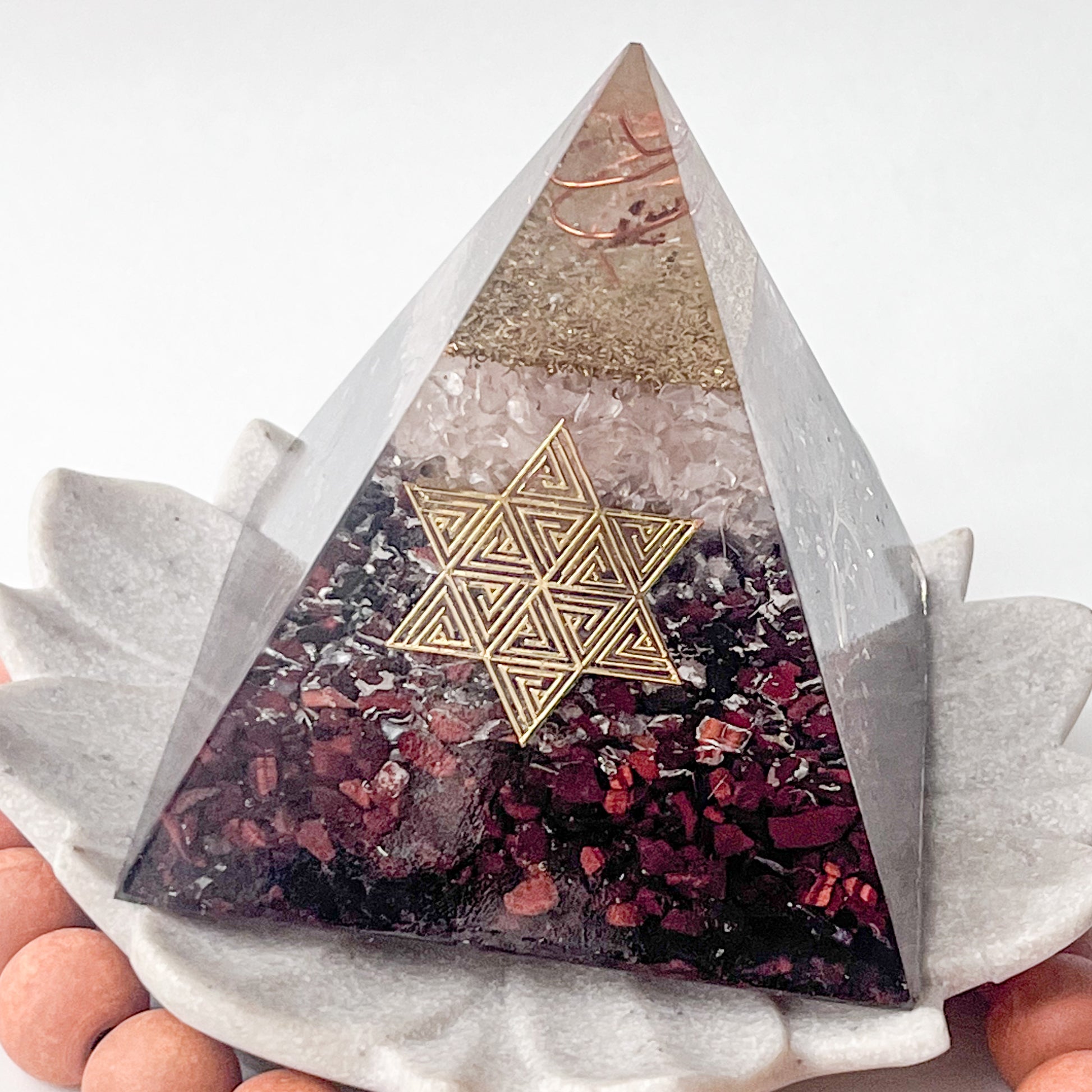 Medium Orgonite Pyramid 12cm in Height - Rose Quartz & Red Tigers Eye